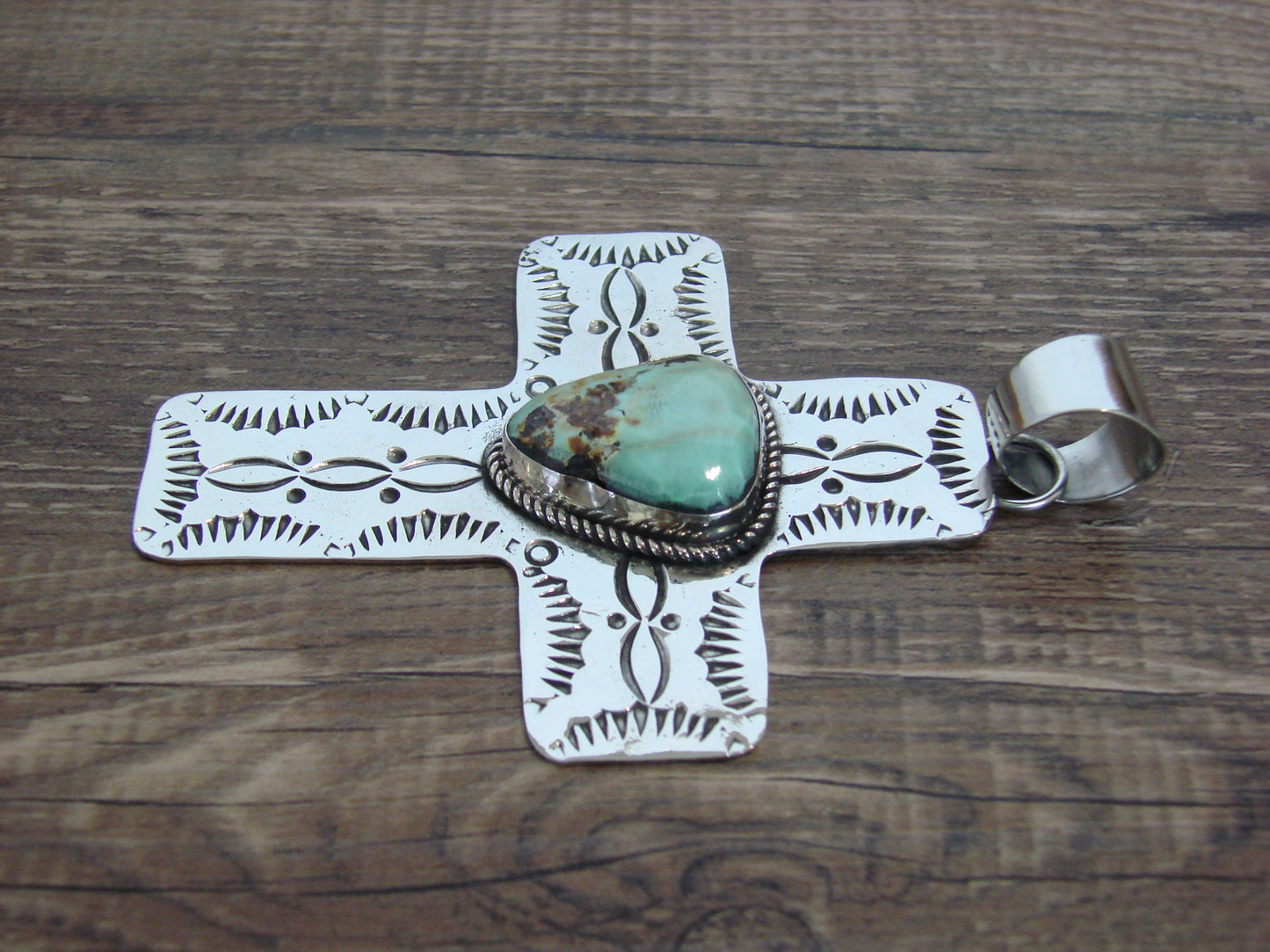 Large Native American Nickel Silver & Turquoise Cross Pendant - Cleveland
