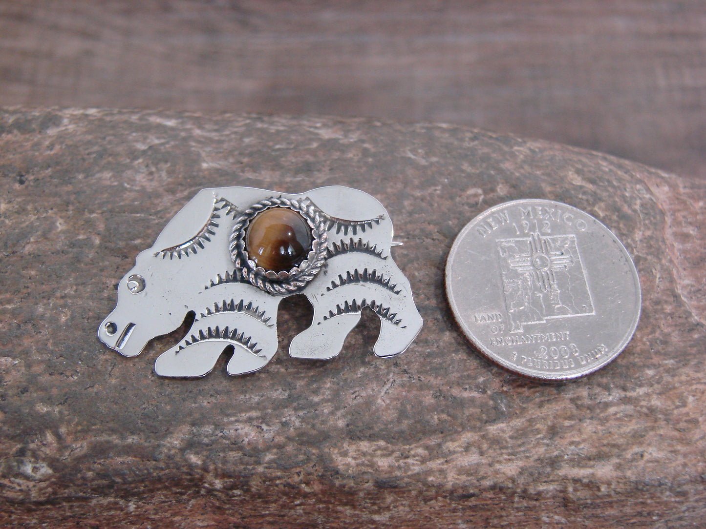Native American Nickel Silver & Tiger Eye Bear Pin - Cleveland