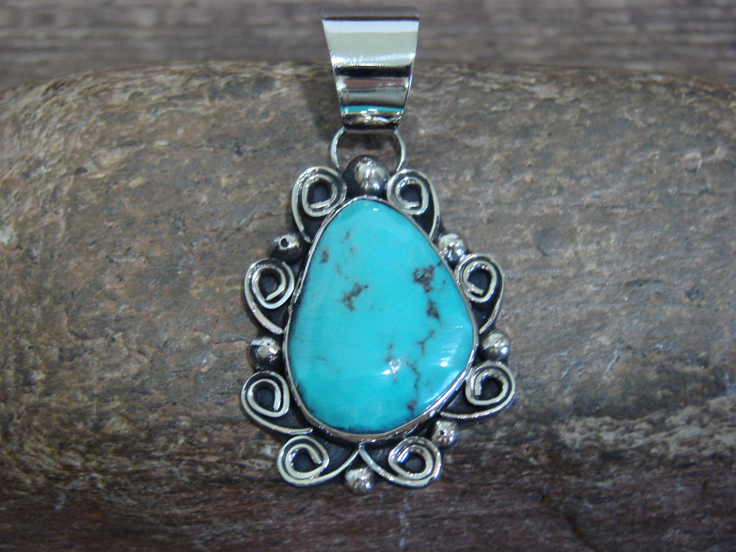 Native American Nickel Silver & Turquoise Pendant - Cleveland