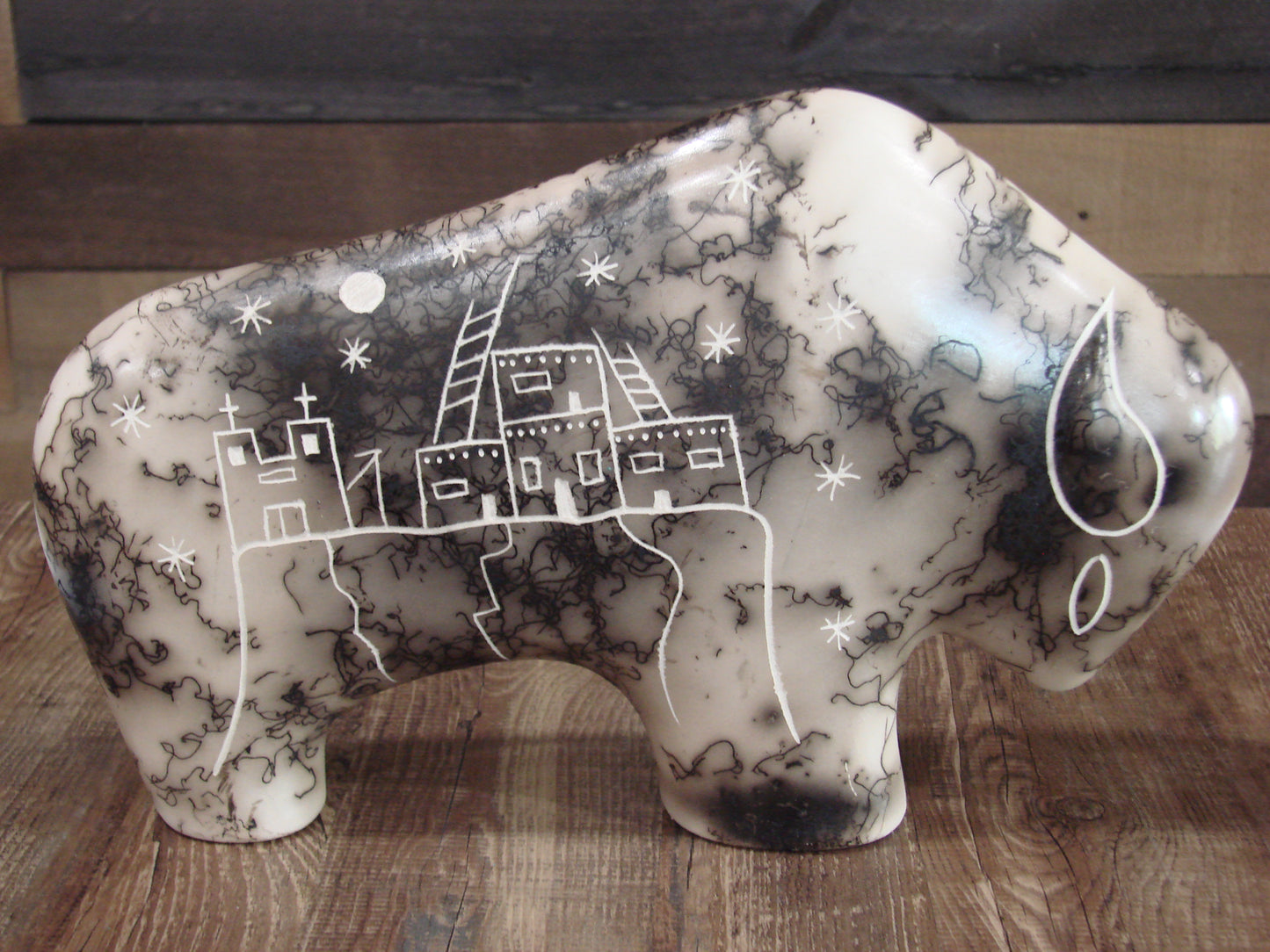 Native American Pottery Horse Hair Buffalo Sculpture by Yellow Corn