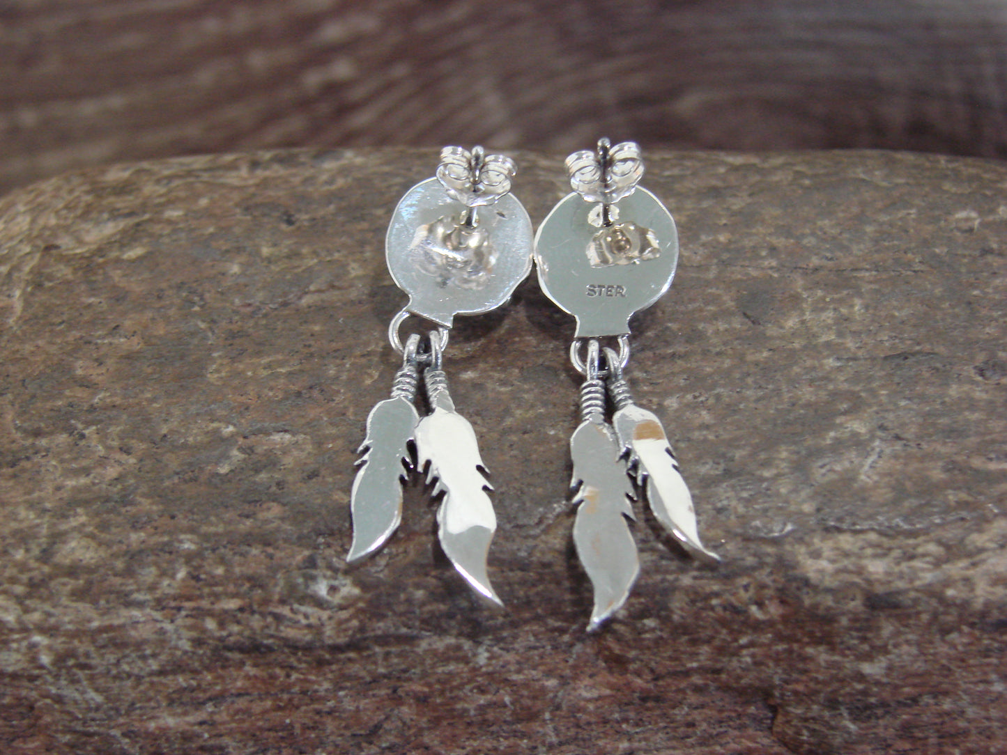 Native American Sterling Silver Turquoise Feather Post Dangle Earrings - Largo