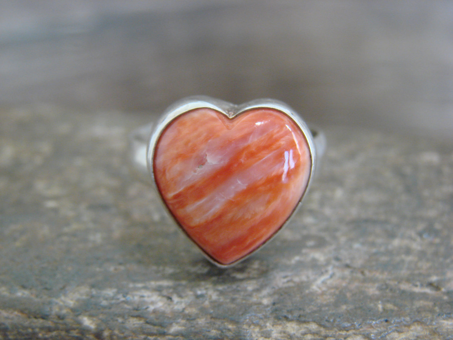 Native American Sterling Silver & Spiny Oyster Heart Ring by P. Smith - Size 9.5