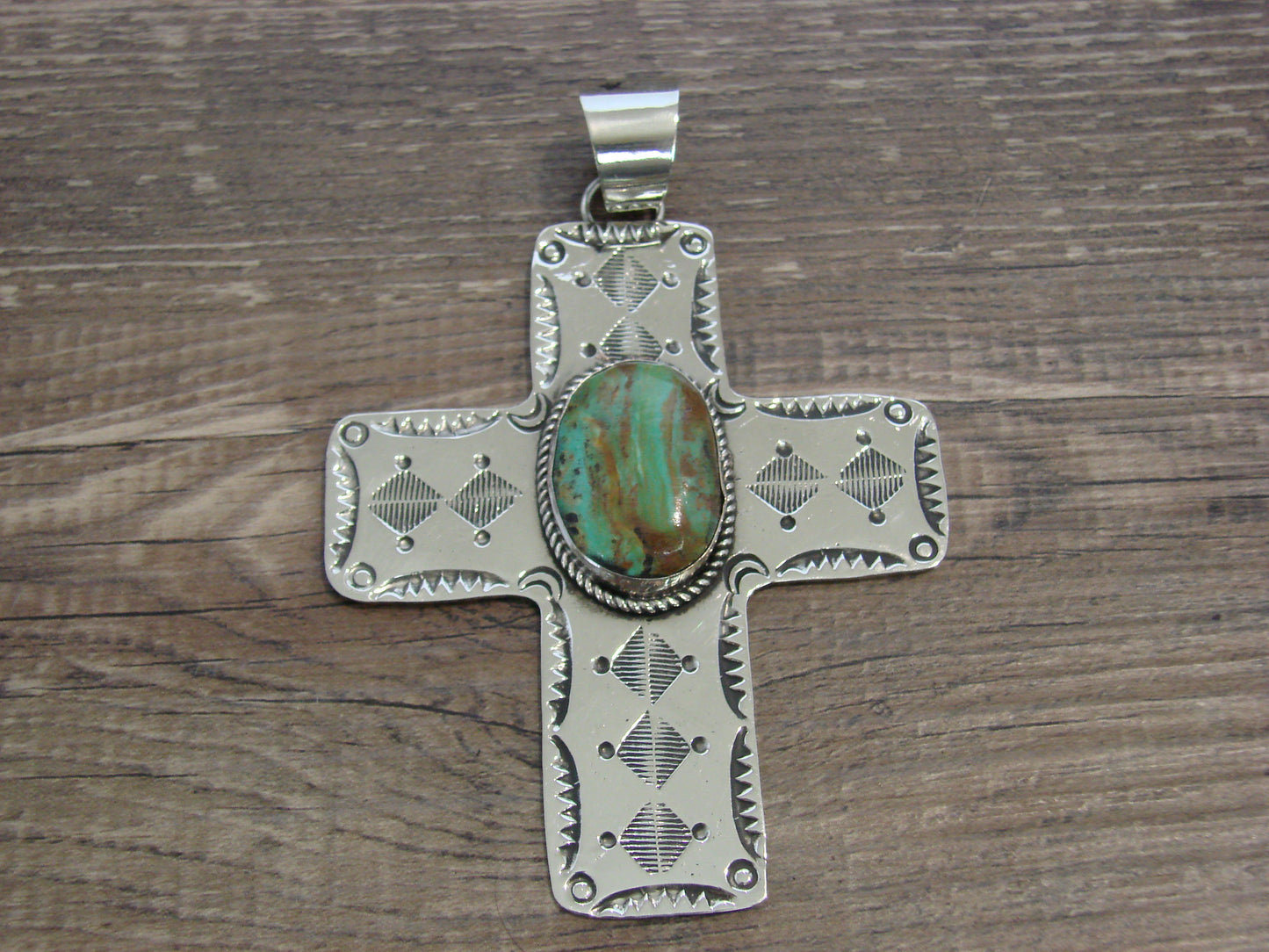 Large Native American Nickel Silver & Turquoise Cross Pendant - Cleveland