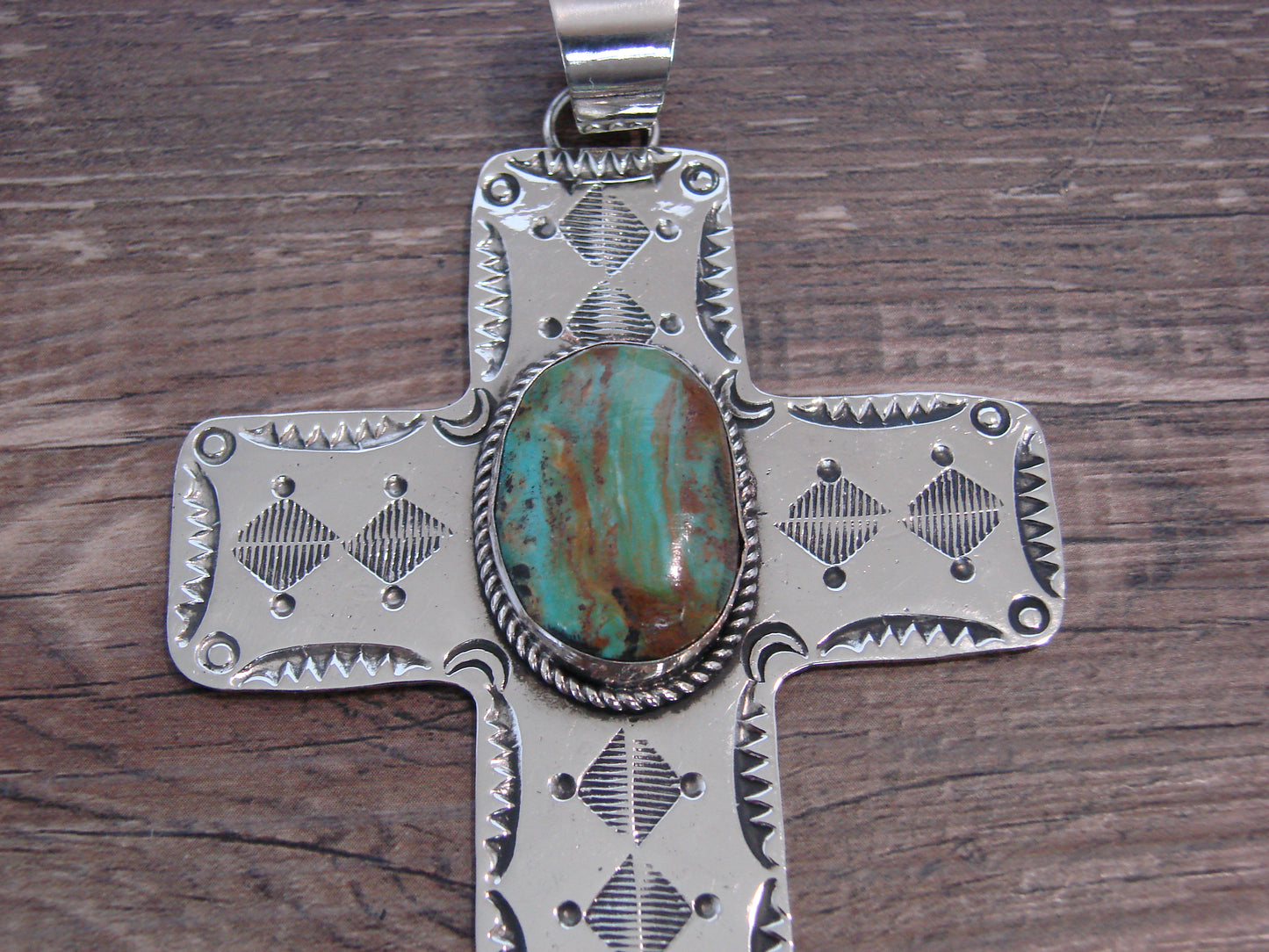 Large Native American Nickel Silver & Turquoise Cross Pendant - Cleveland