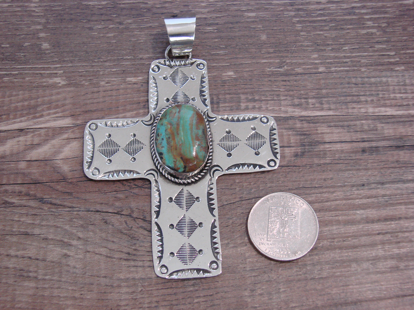 Large Native American Nickel Silver & Turquoise Cross Pendant - Cleveland