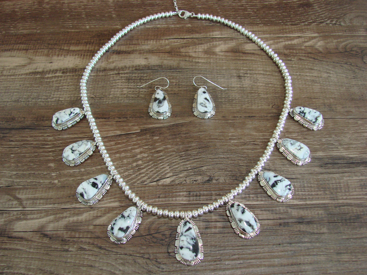 Navajo Sterling Silver & White Buffalo Turquoise Necklace Set by Johnson