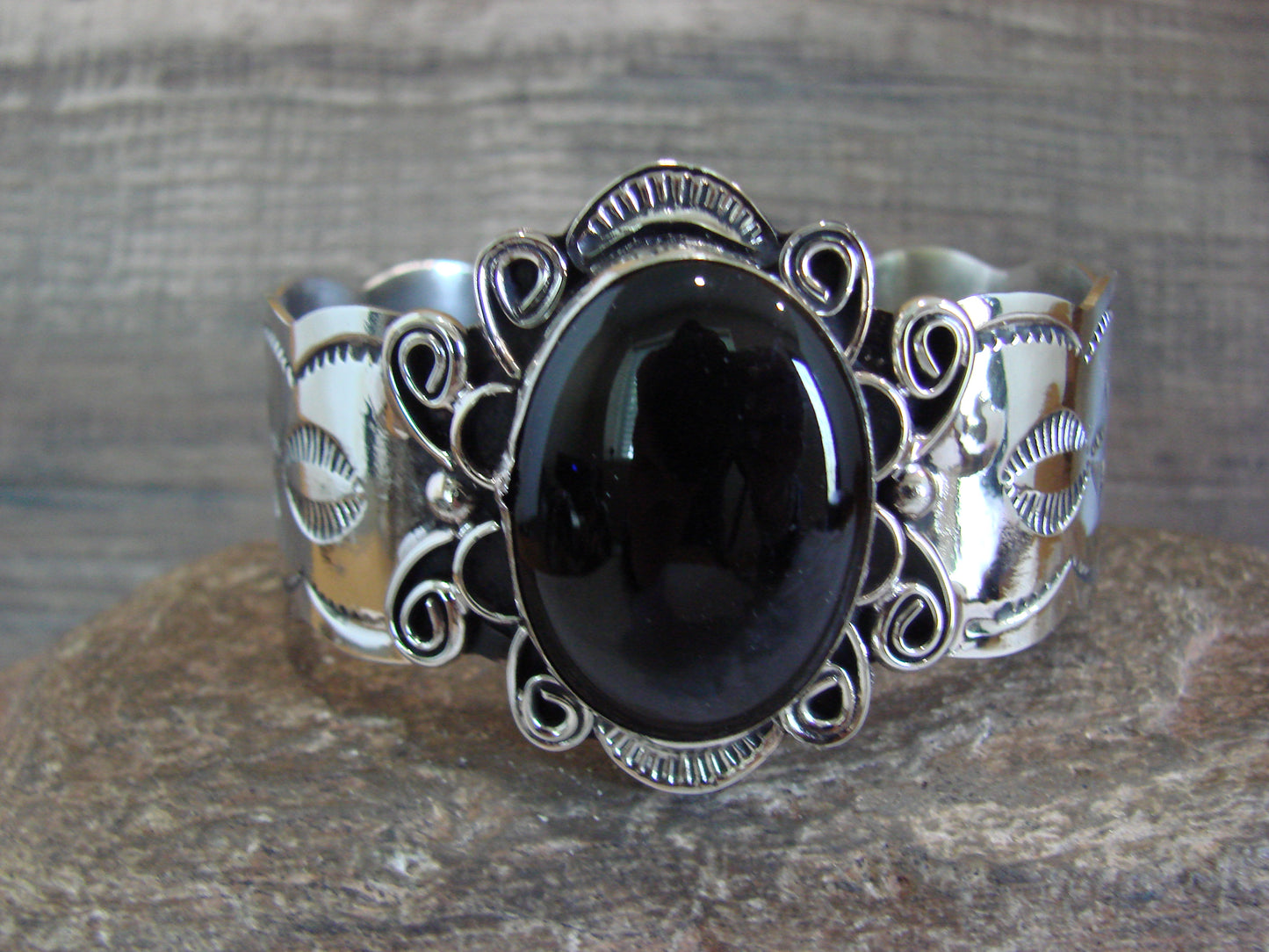 Navajo Indian Nickel Silver & Onyx Bracelet by Cleveland