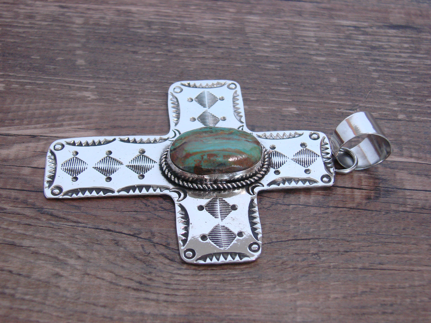 Large Native American Nickel Silver & Turquoise Cross Pendant - Cleveland