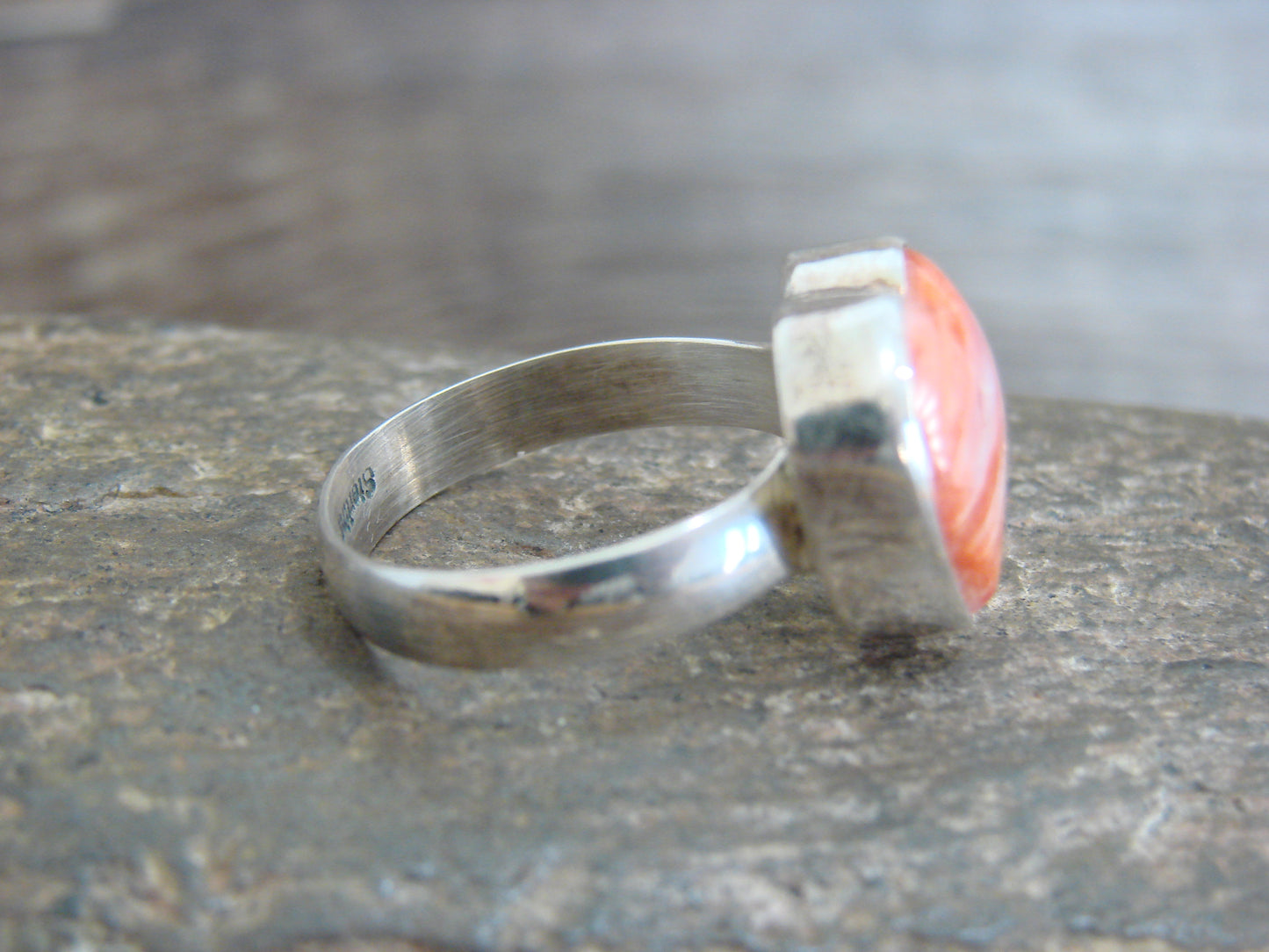 Native American Sterling Silver & Spiny Oyster Heart Ring by P. Smith - Size 9.5