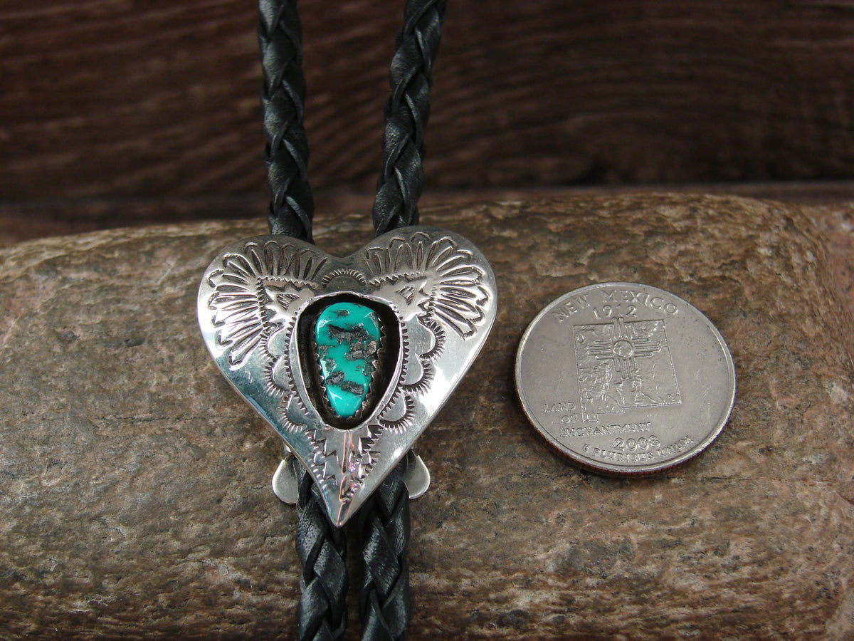 Native American Sterling Silver & Turquoise Heart Bolo Tie by Skeets