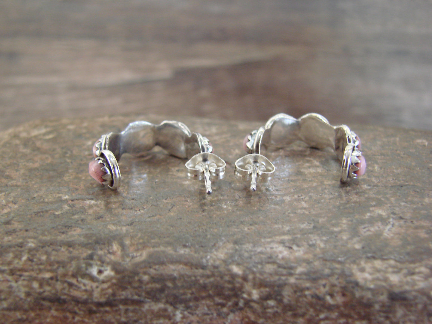 Native American Sterling Silver & Pink Shell Half Hoop Post Earrings - Lonasee