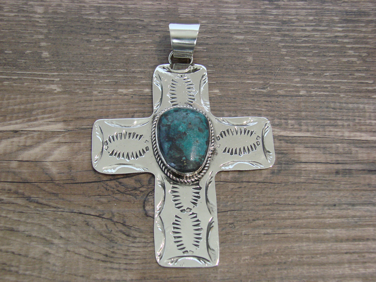 Large Native American Nickel Silver & Turquoise Cross Pendant - Cleveland