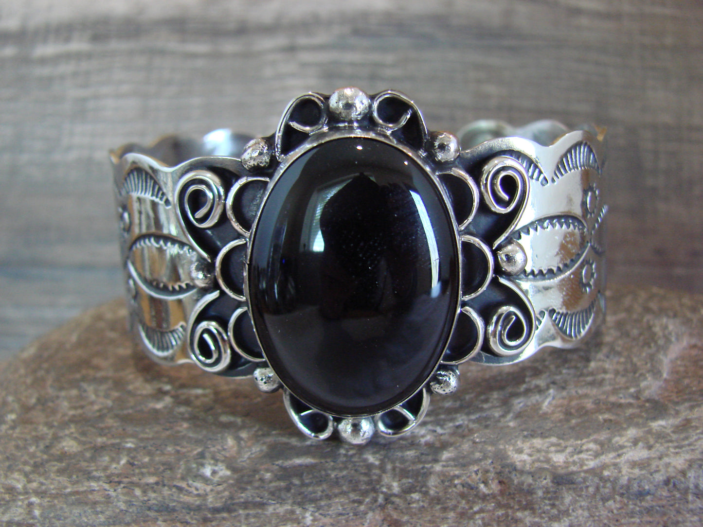 Navajo Indian Nickel Silver & Onyx Bracelet by Cleveland