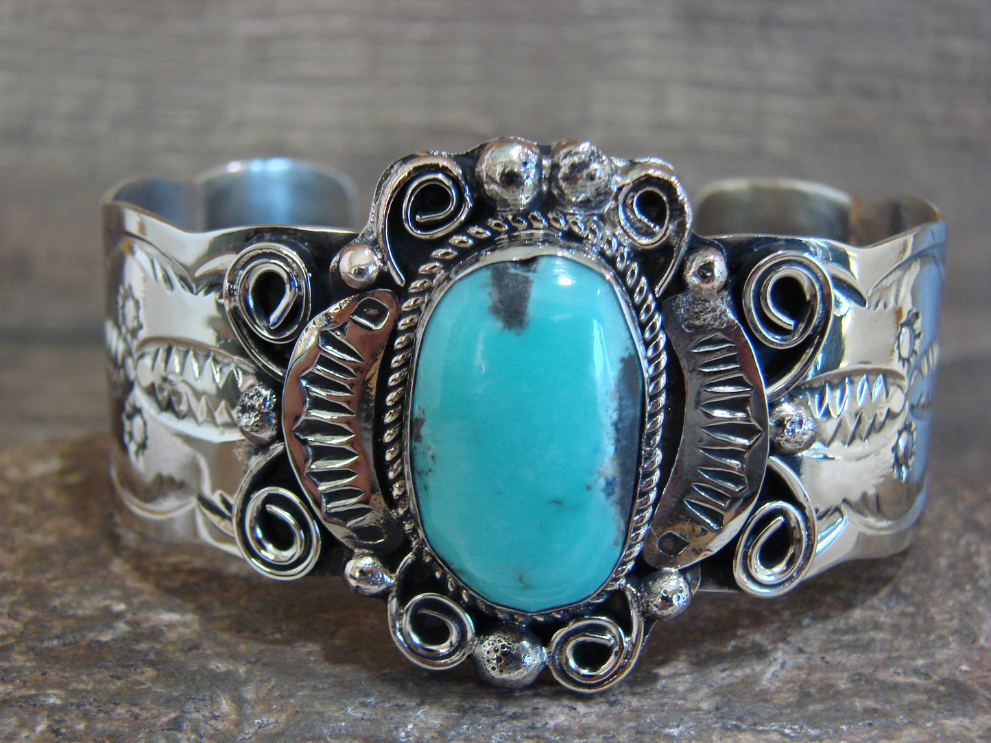 Native American Nickel Silver & Turquoise Bracelet by Cleveland