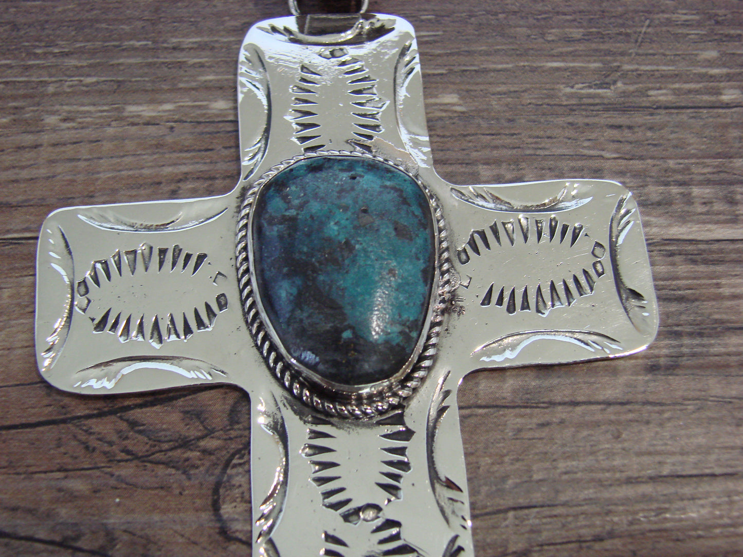 Large Native American Nickel Silver & Turquoise Cross Pendant - Cleveland