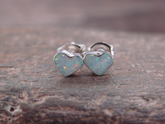 Native American Sterling Silver White Opal Heart Post Earrings - Neha