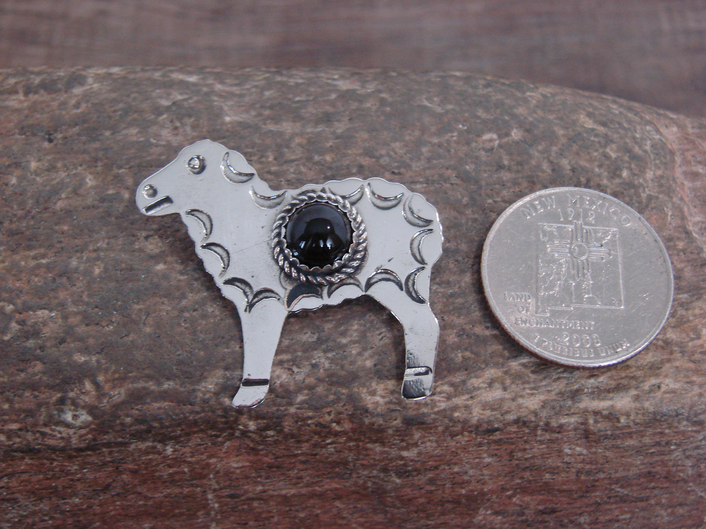 Native American Nickel Silver & Onyx Lamb Pin - Cleveland