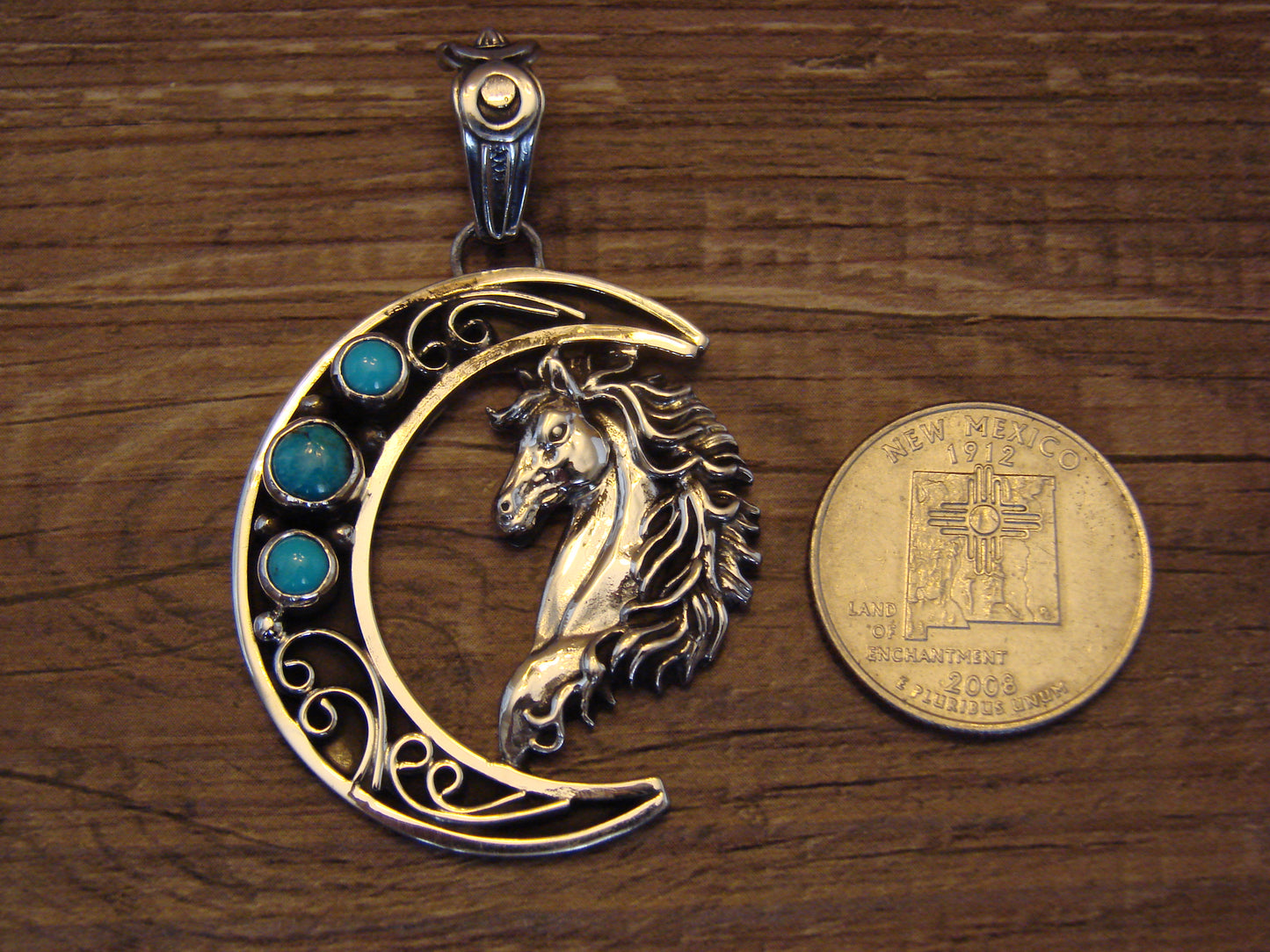 Native American Sterling Silver Turquoise Horse & Moon Pendant - Lewis