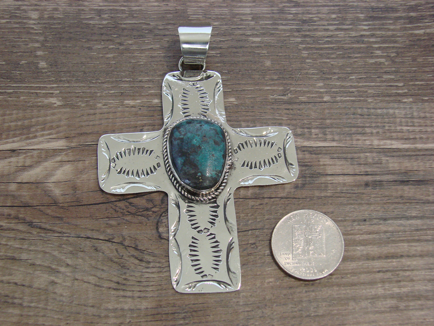 Large Native American Nickel Silver & Turquoise Cross Pendant - Cleveland