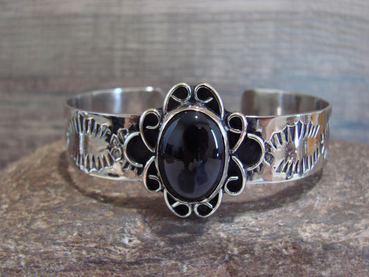 Navajo Indian Nickel Silver & Onyx Bracelet by Cleveland