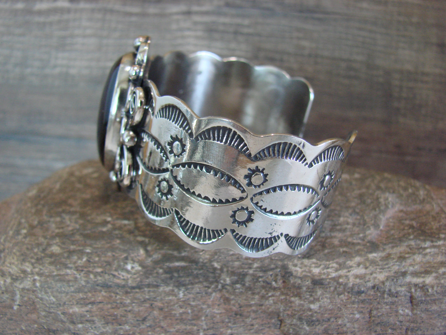 Navajo Indian Nickel Silver & Onyx Bracelet by Cleveland