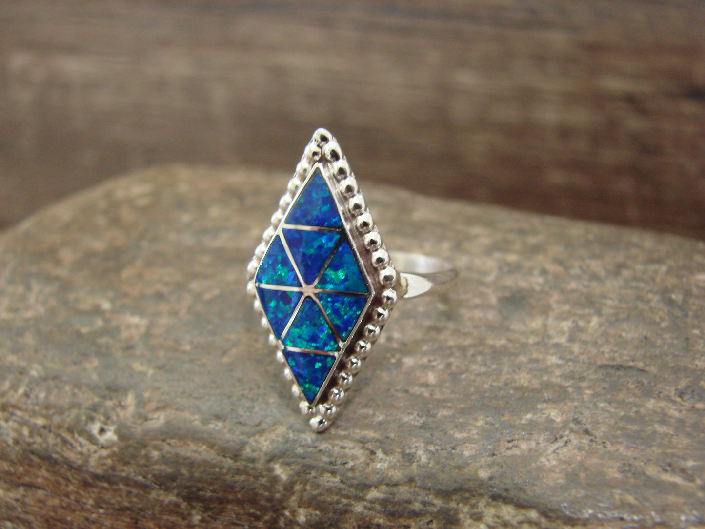 Native American Sterling Silver & Blue Opal Inlay Ring - Dosedo - Size 7.5
