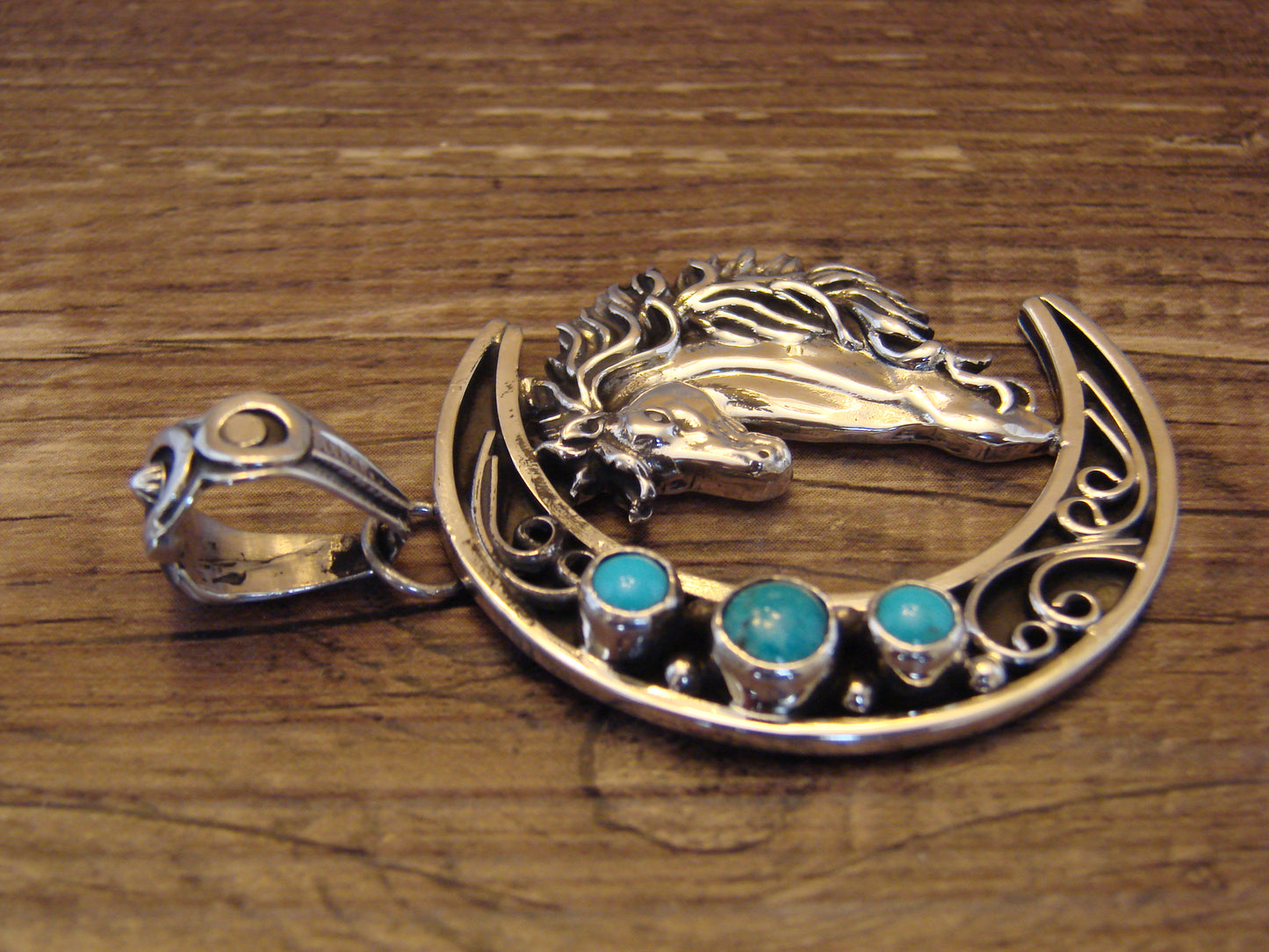 Native American Sterling Silver Turquoise Horse & Moon Pendant - Lewis