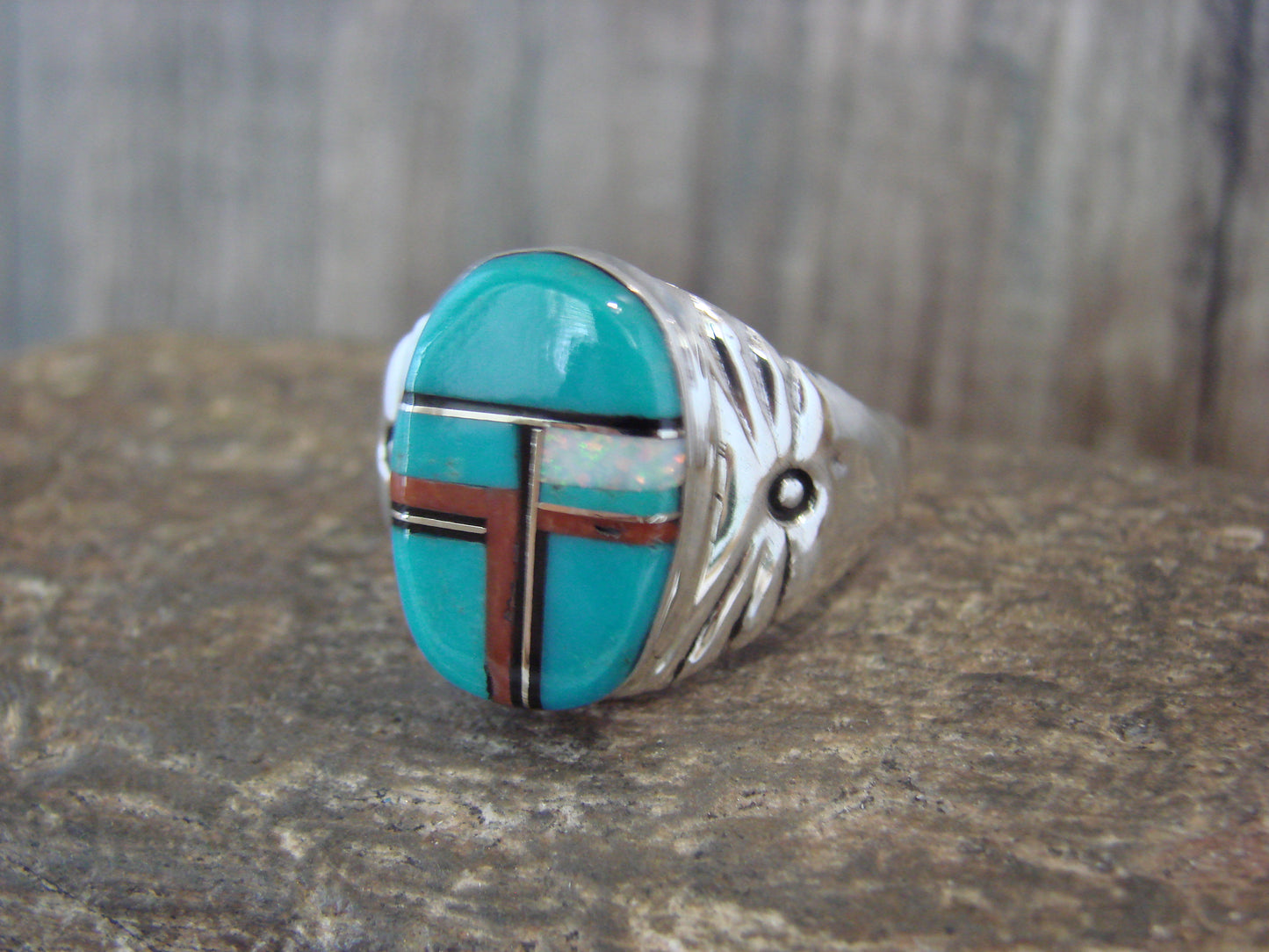 Native American Sterling Silver Turquoise Inlay Ring - Size 13 - Lincoln