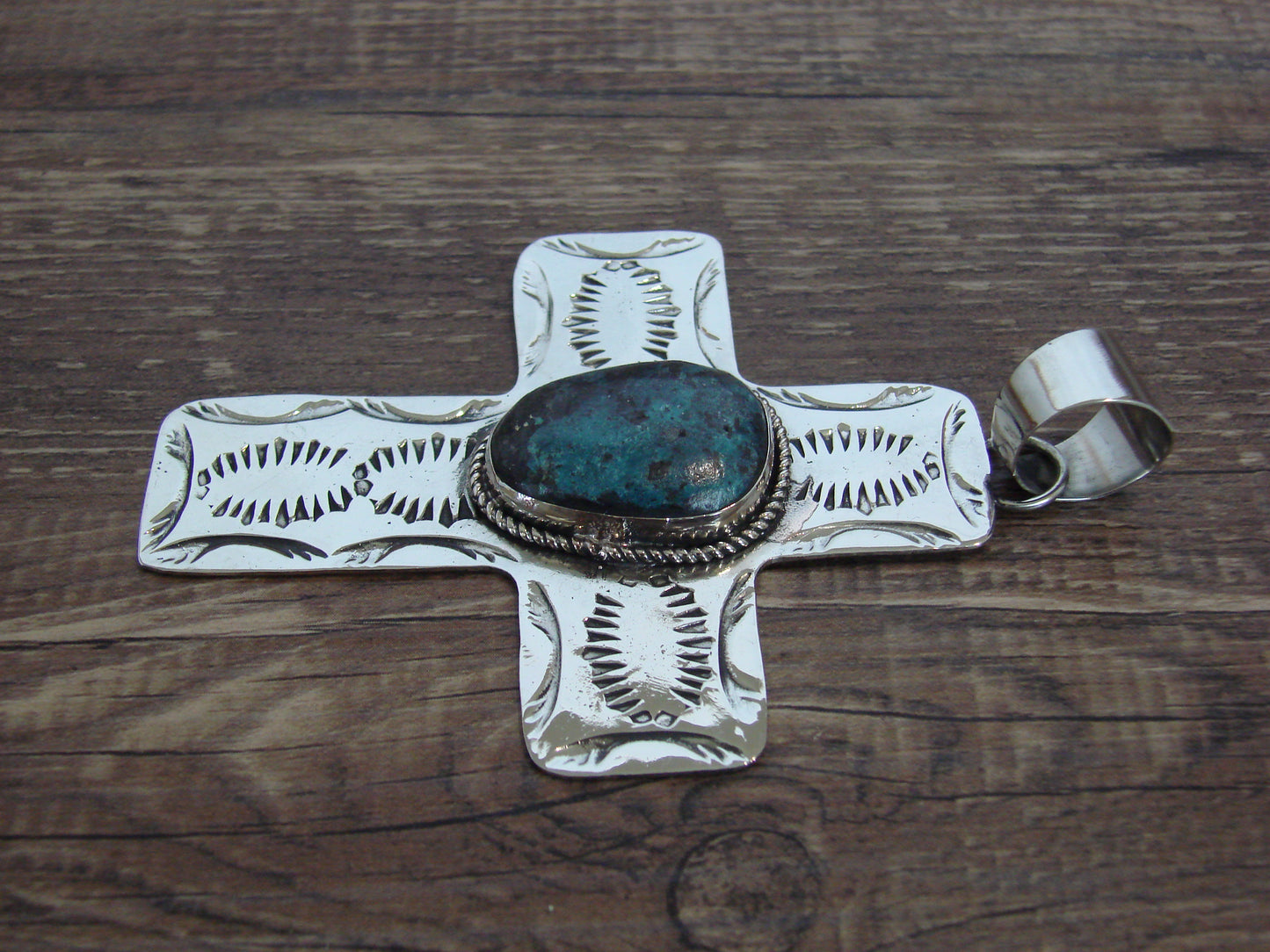 Large Native American Nickel Silver & Turquoise Cross Pendant - Cleveland