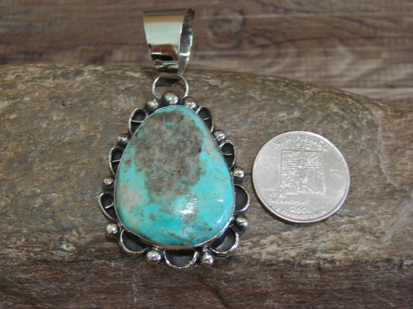 Native American Navajo Nickel Silver & Turquoise Pendant - Cleveland