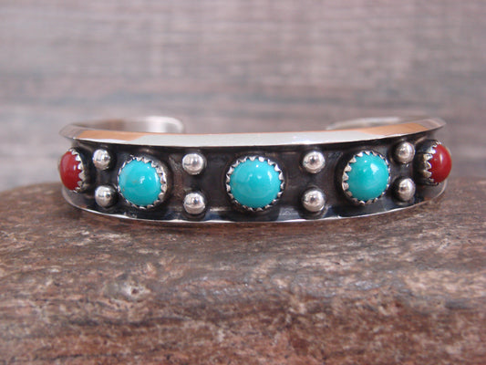 Native American Sterling Silver Turquoise & Coral Bracelet Cuff Signed Largo