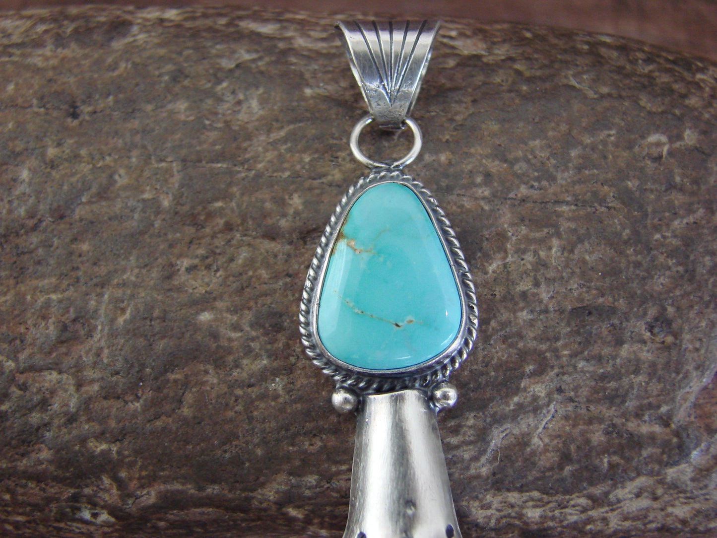 Native American Sterling Silver & Turquoise Squash Blossom Pendant by Betone