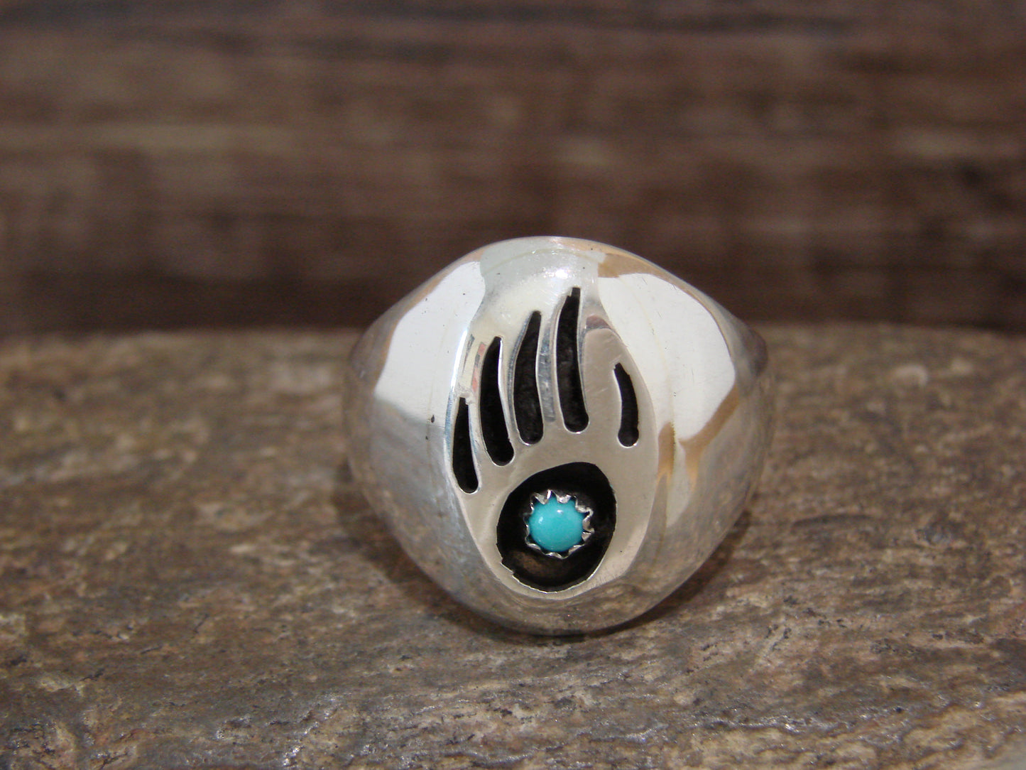 Native American Sterling Silver Turquoise Bear Paw Ring by Spencer - Size 12.5