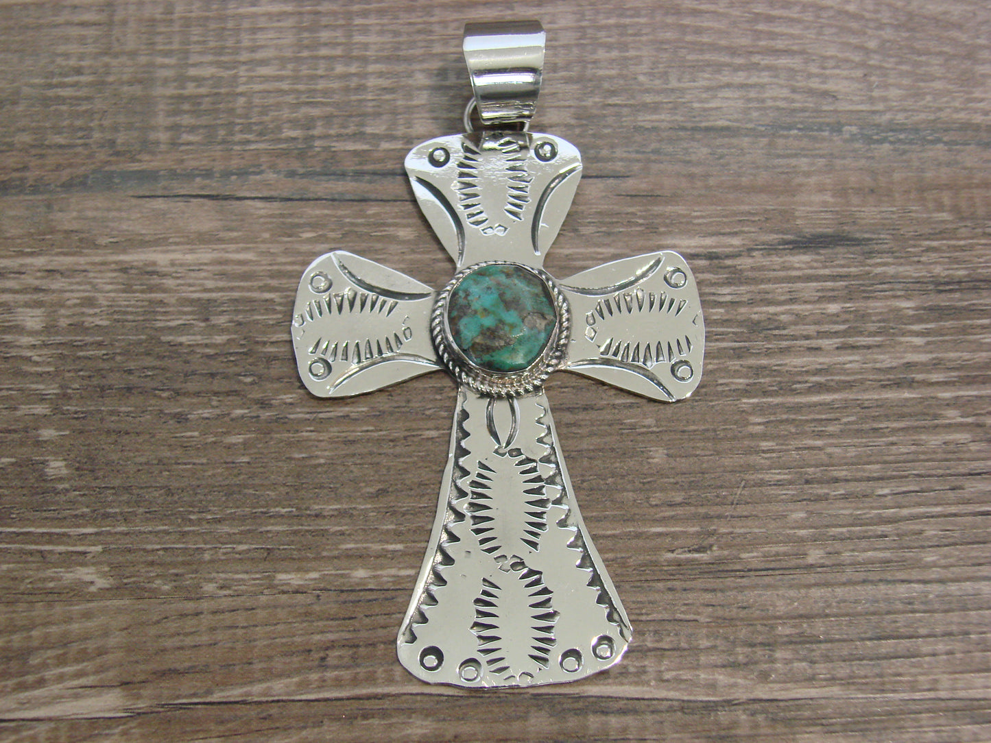 Large Native American Nickel Silver & Turquoise Cross Pendant - Cleveland