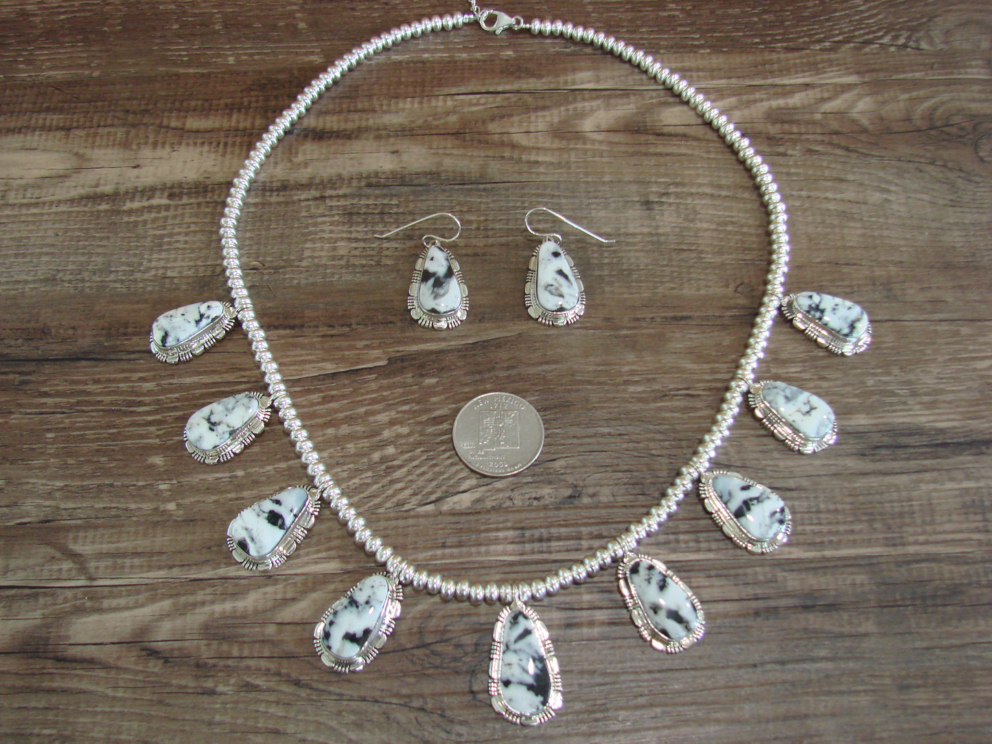 Navajo Sterling Silver & White Buffalo Turquoise Necklace Set by Johnson