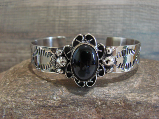 Navajo Indian Nickel Silver & Onyx Bracelet by Cleveland