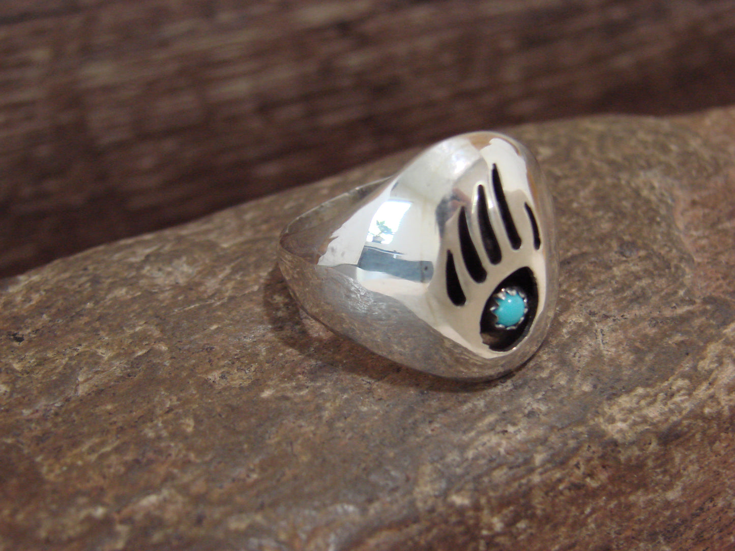 Native American Sterling Silver Turquoise Bear Paw Ring by Spencer - Size 12.5