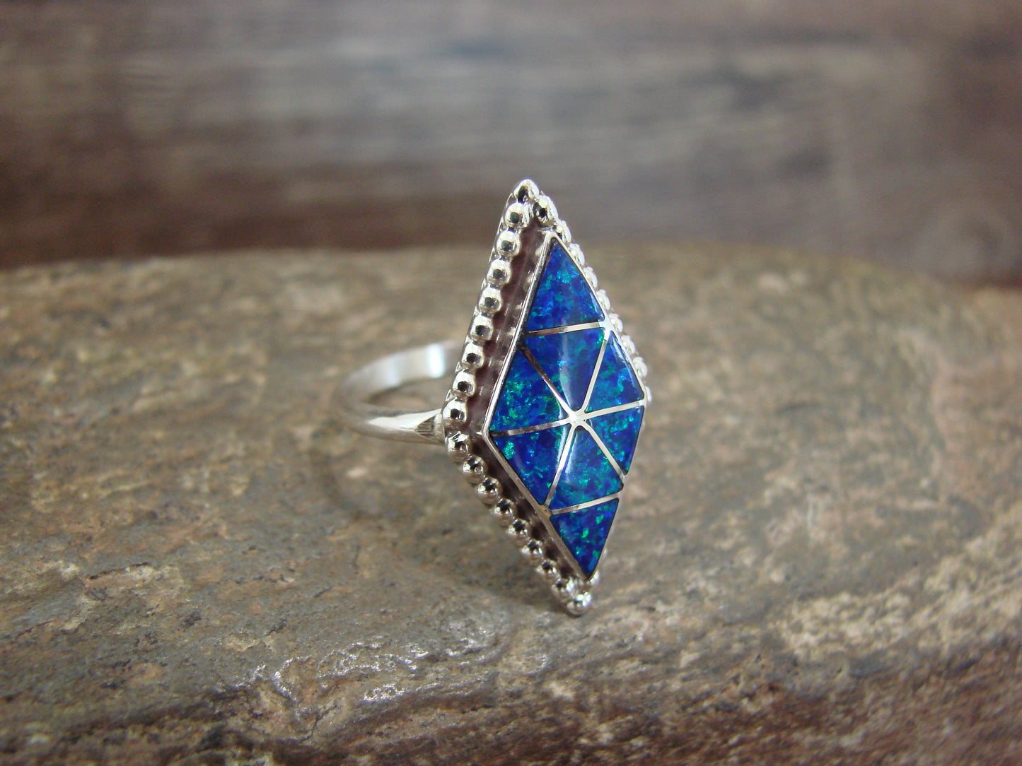 Native American Sterling Silver & Blue Opal Inlay Ring - Dosedo - Size 7.5