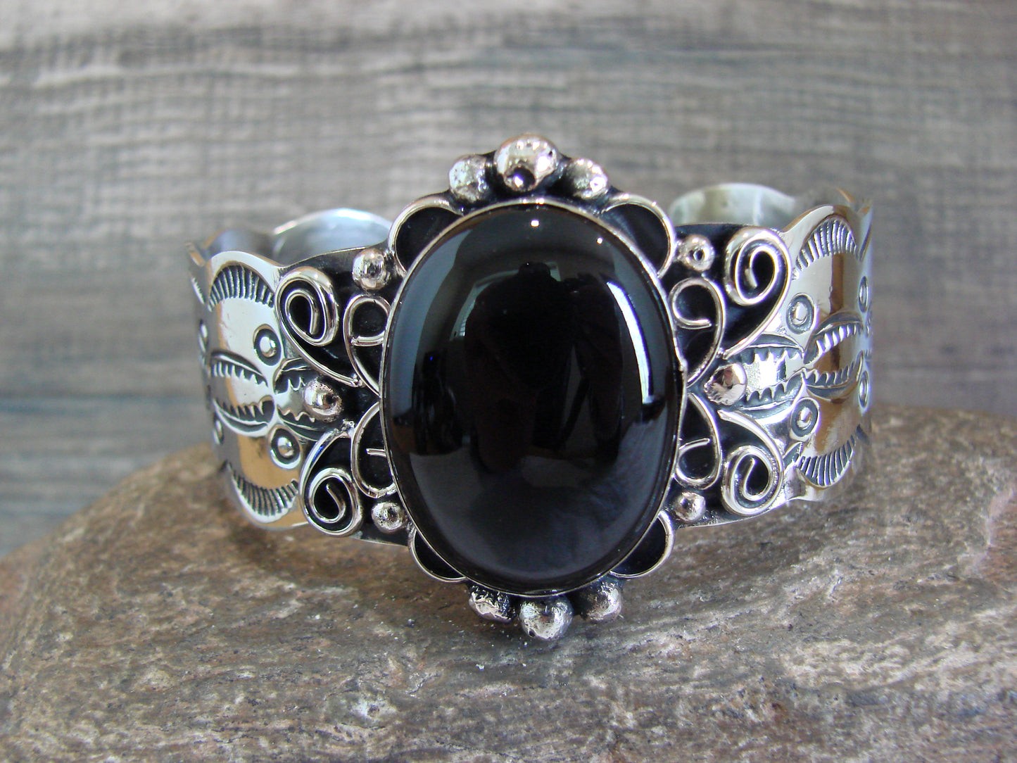 Navajo Indian Nickel Silver & Onyx Bracelet by Cleveland