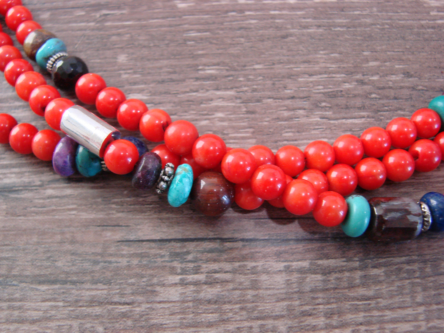 Native American Sterling Silver & Coral 30" Gemstone Necklace by Singer