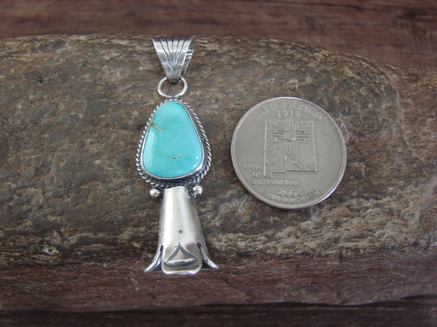 Native American Sterling Silver & Turquoise Squash Blossom Pendant by Betone