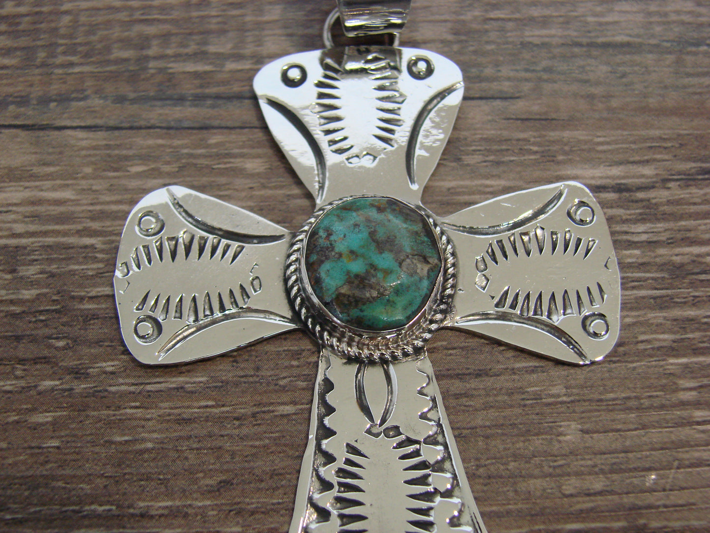 Large Native American Nickel Silver & Turquoise Cross Pendant - Cleveland