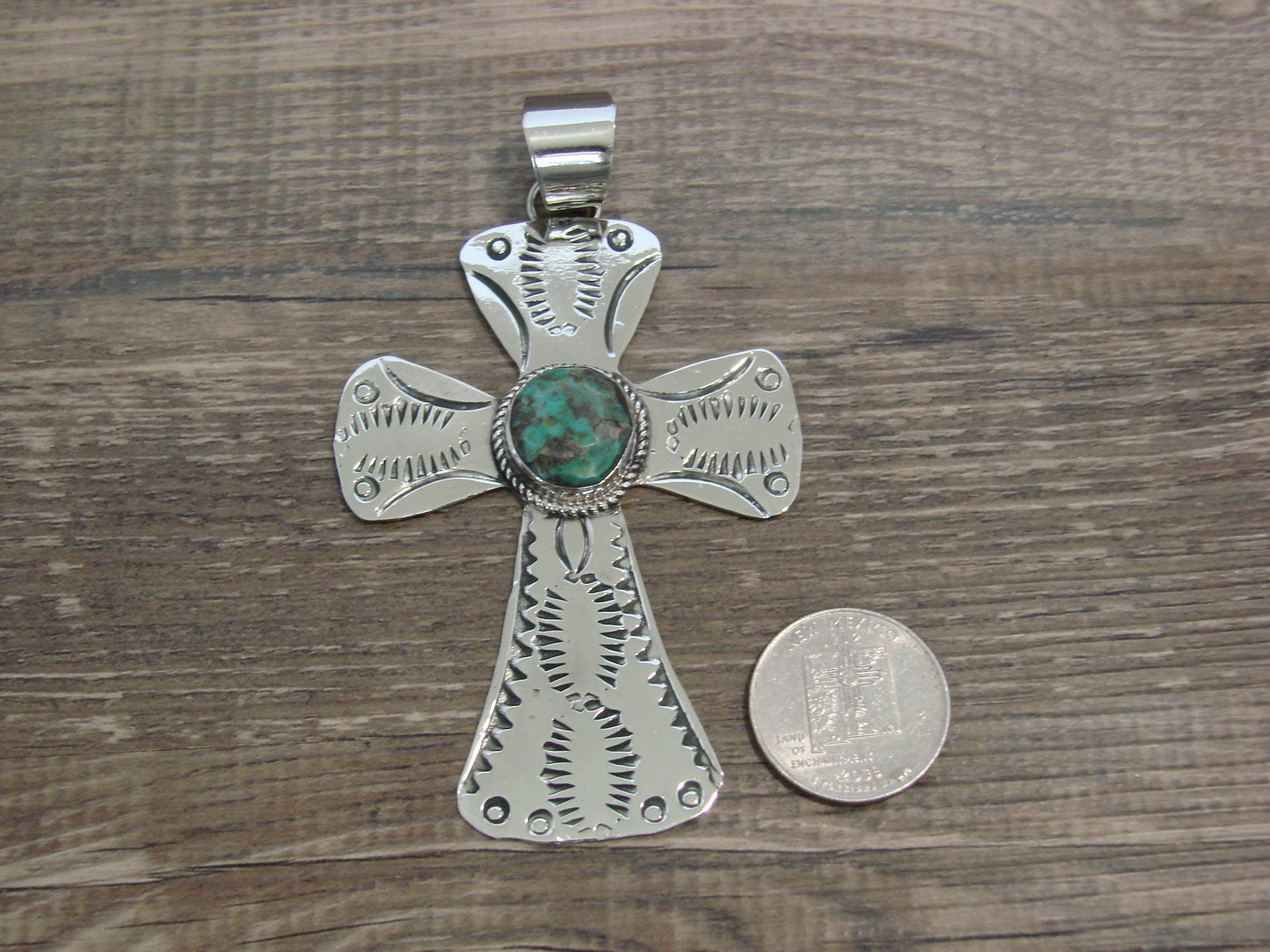 Large Native American Nickel Silver & Turquoise Cross Pendant - Cleveland