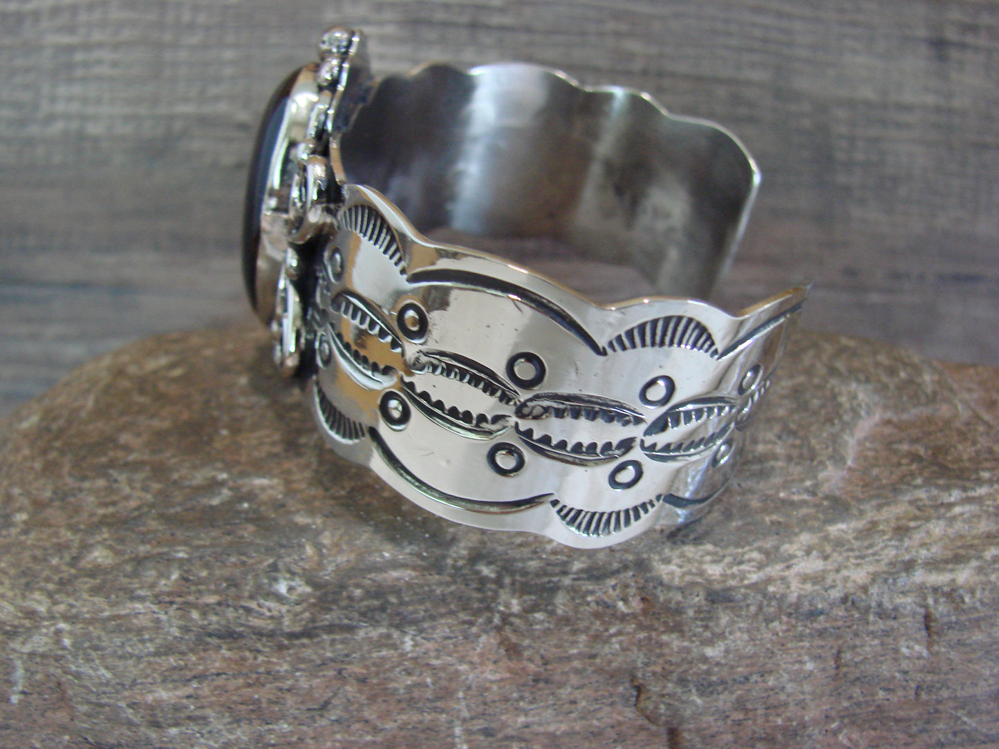 Navajo Indian Nickel Silver & Onyx Bracelet by Cleveland