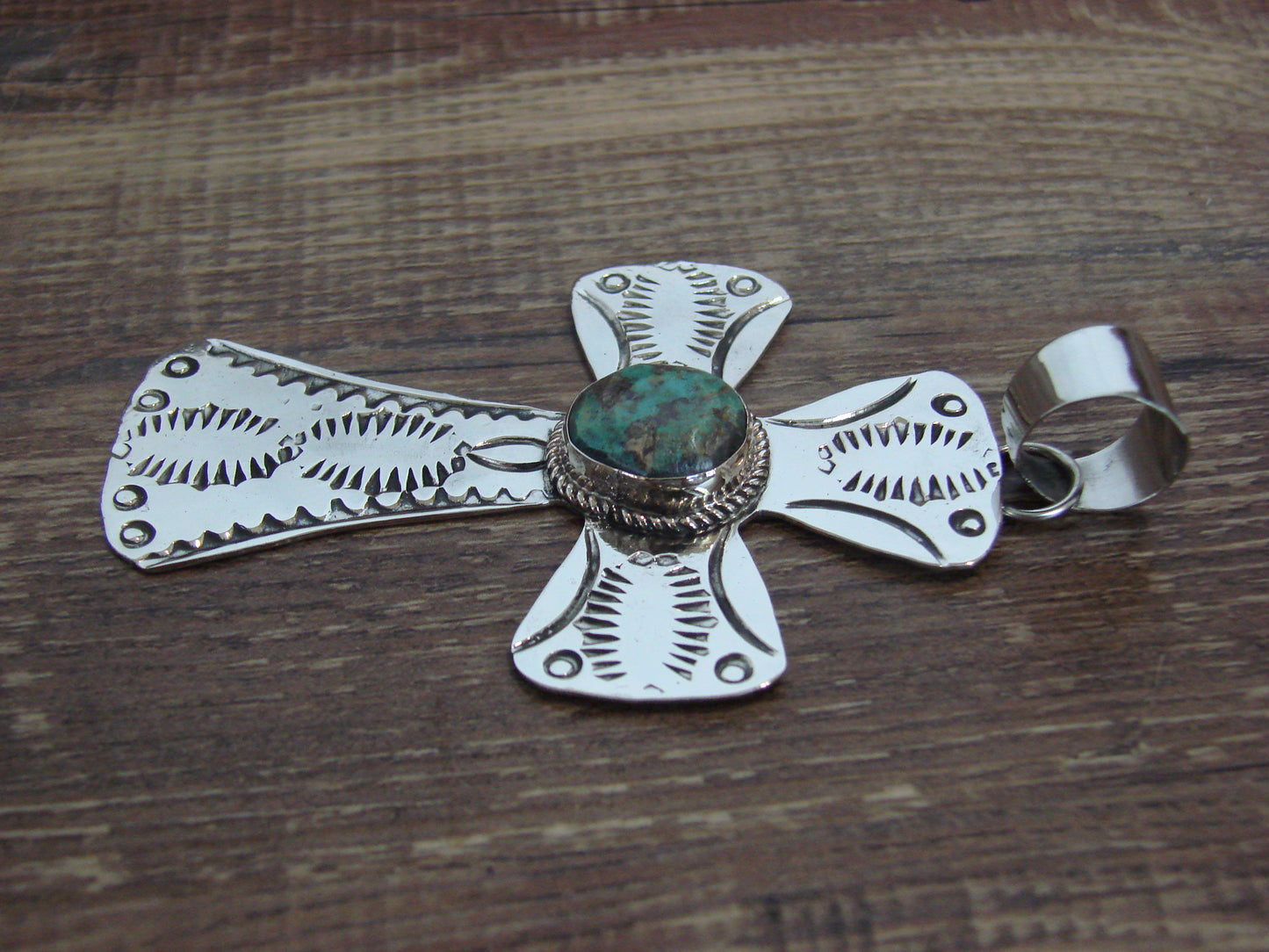 Large Native American Nickel Silver & Turquoise Cross Pendant - Cleveland