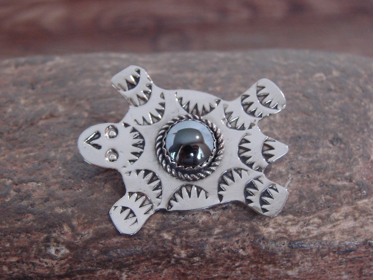 Native American Nickel Silver & Hematite Turtle Pin - Cleveland