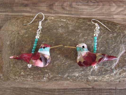 Purple Mohave Turquoise Bronze Aggregate Hummingbird Fetish Earrings - Mitchell