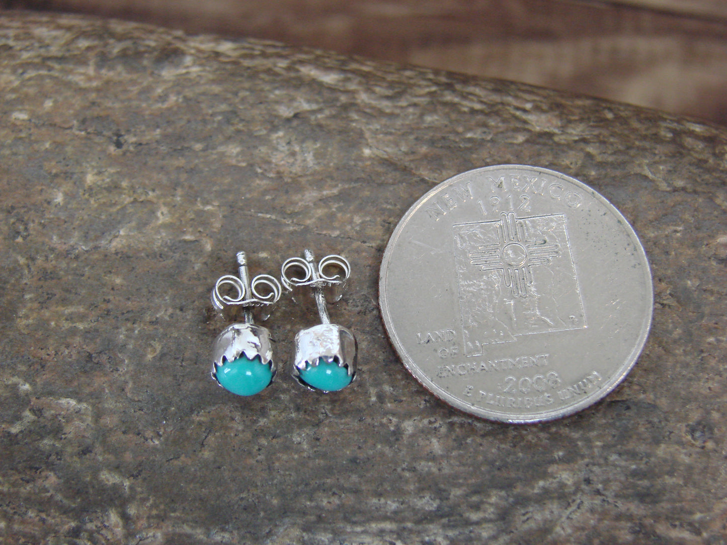 Native American Sterling Silver & Turquoise Dot Stud Post Earrings by Martinez