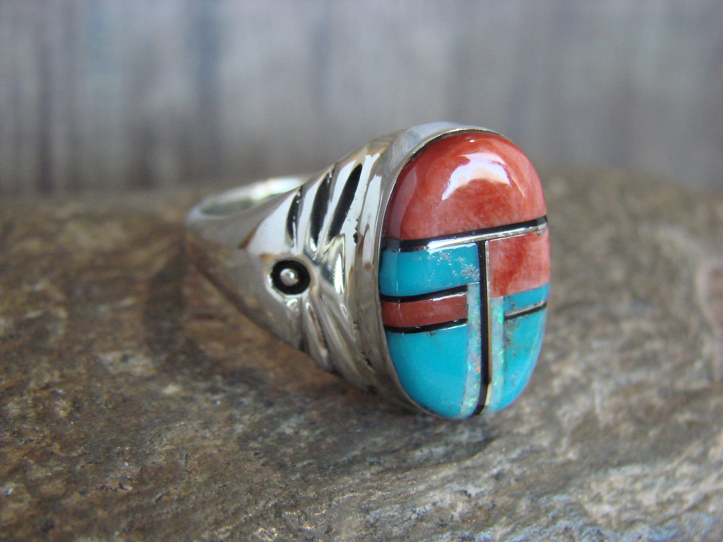Native American Sterling Silver Turquoise Inlay Ring - Size 12.5 - Lincoln