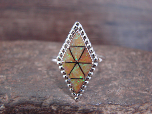 Native American Sterling Silver & Yellow Opal Inlay Ring - Dosedo - Size 8.5